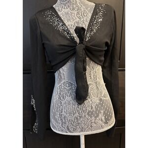 Rue 21 Sequin Front And Sleeves Tied Cropped Sheer Black Top Sz Lg Bust 36-38"